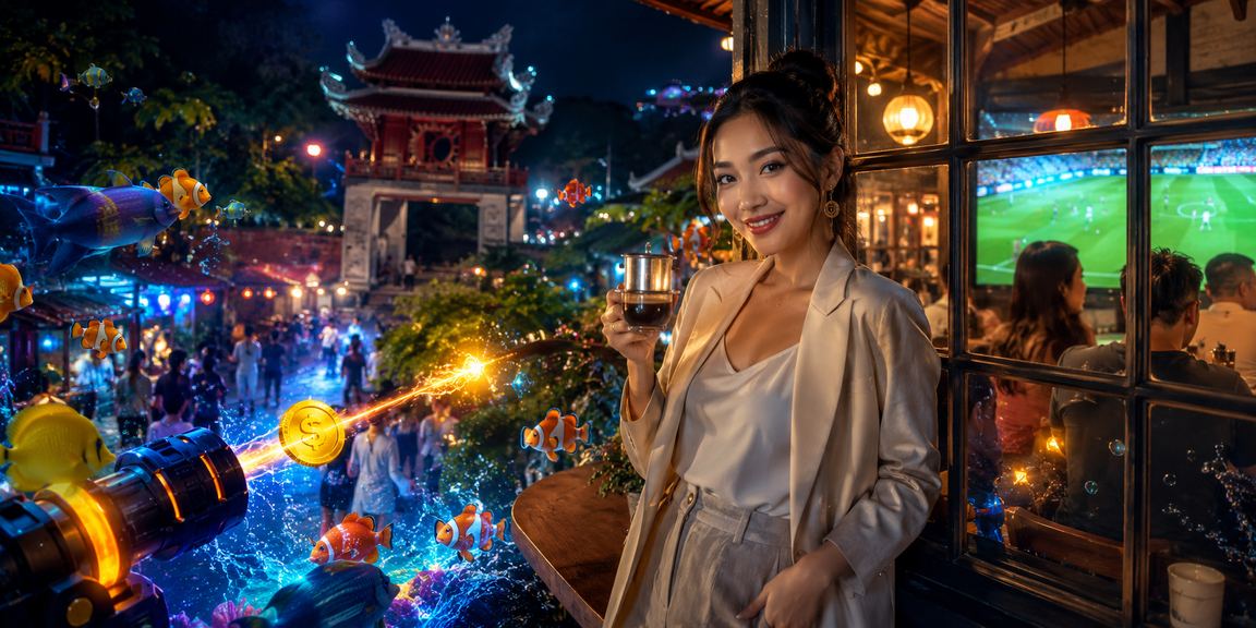 Màn hình trò chơi bắn cá và cà phê Hà Nội phong cách Việt Nam