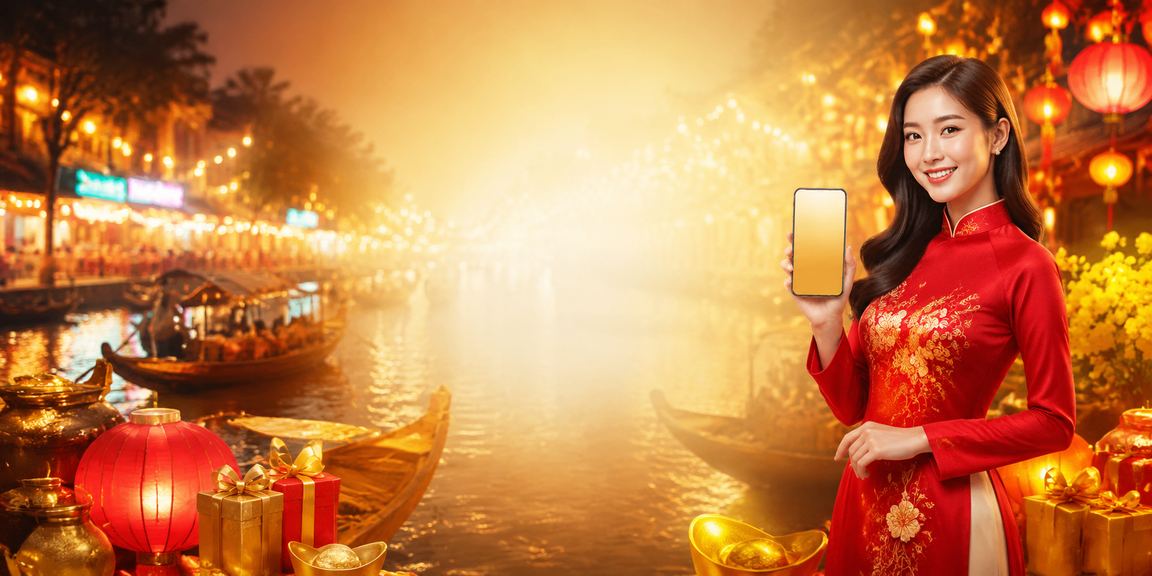Người phụ nữ Việt Nam mặc áo dài kiểm tra giải thưởng casino trực tuyến trên điện thoại